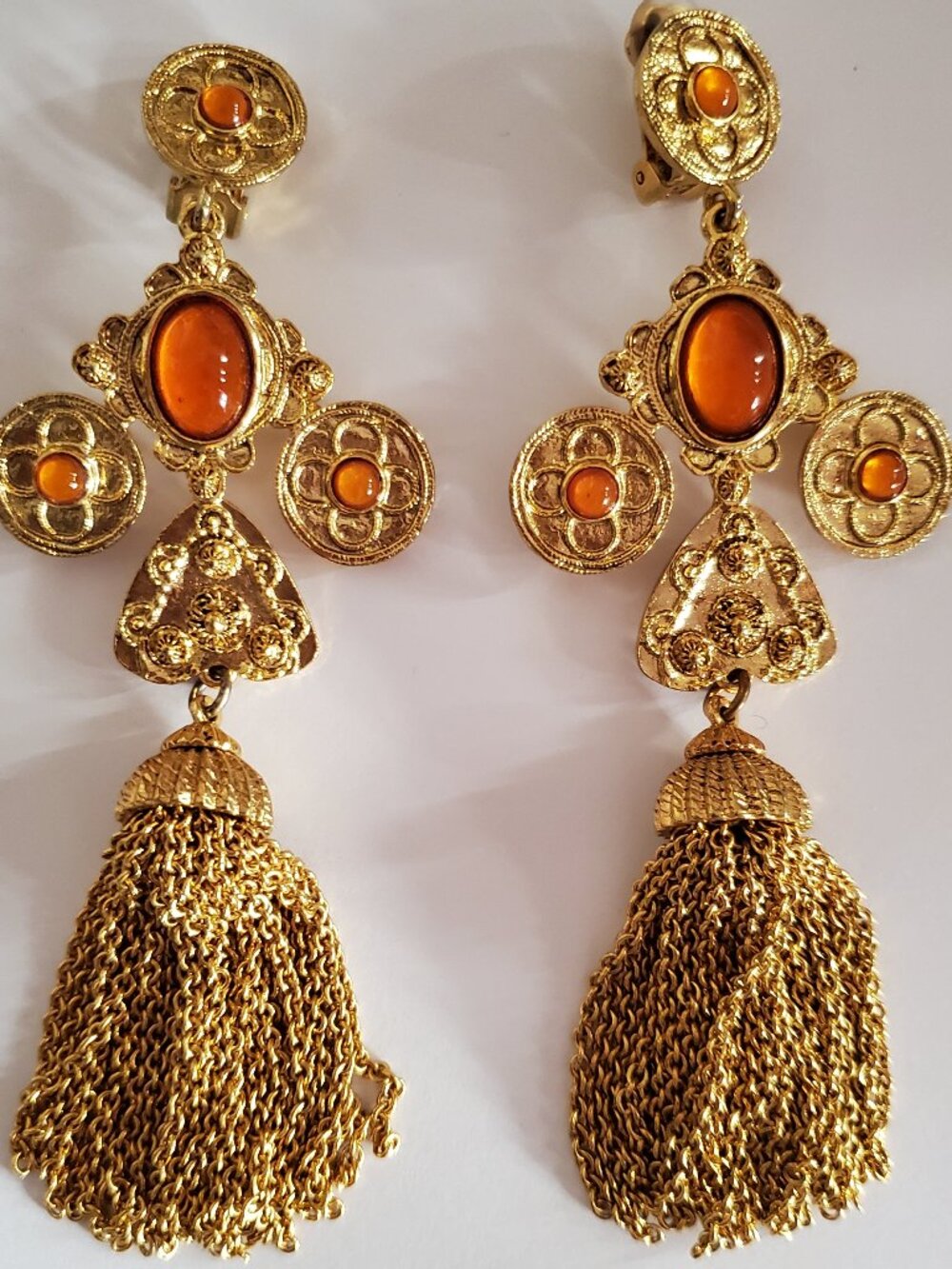 Oscar de la Renta Rare Orange Cabochon Tassel Earrings signed